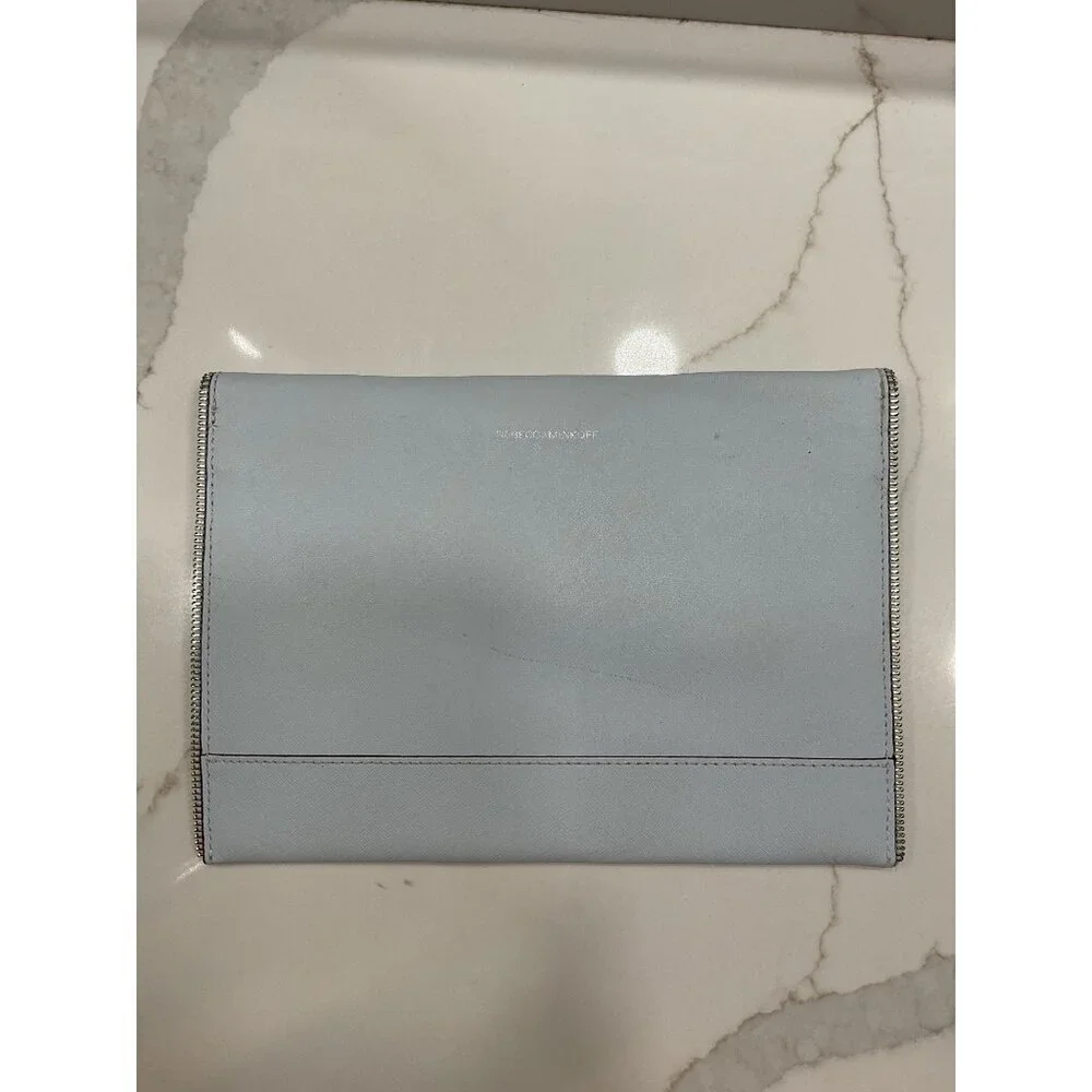 Rebecca Minkoff Leo Envelope Zipper Edge Powder Blue Leather Clutch Purse